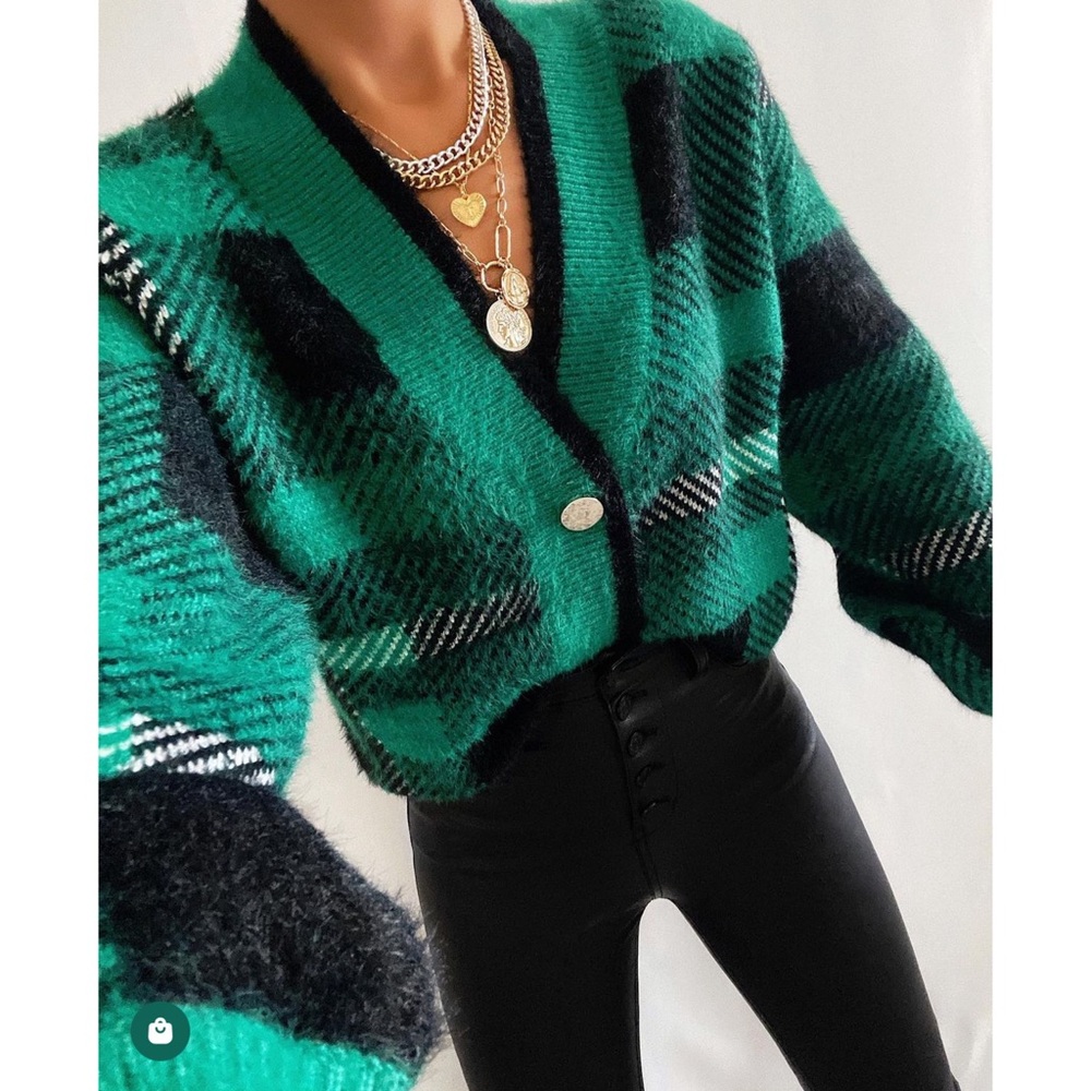 Vici Green and Black Plaid Mohair-Blend Cardigan